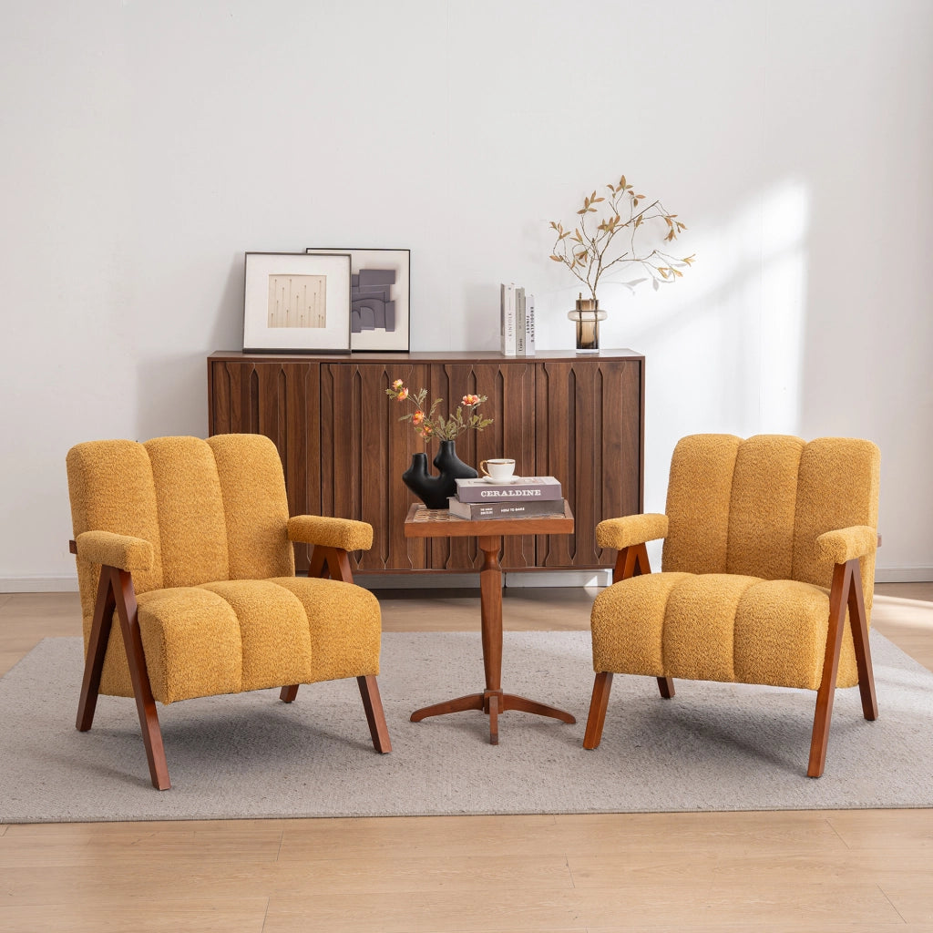 POLTRONA Bouclé Gialla 68x61x35 cm in Legno Massello di Quercia