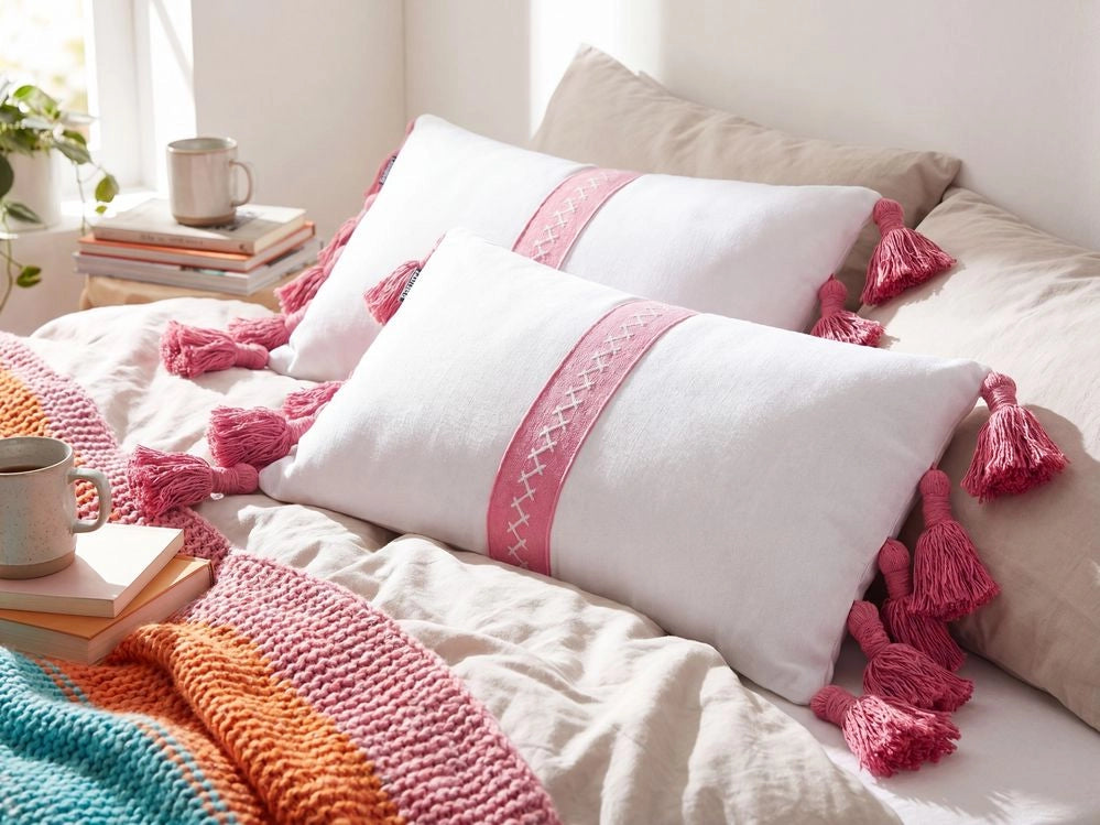 Set di 2 cuscini decorativi Rosa Bianco Cotone 30 x 50 cm con frange Cuscino moderno rettangolare Accessori decorativi Boho