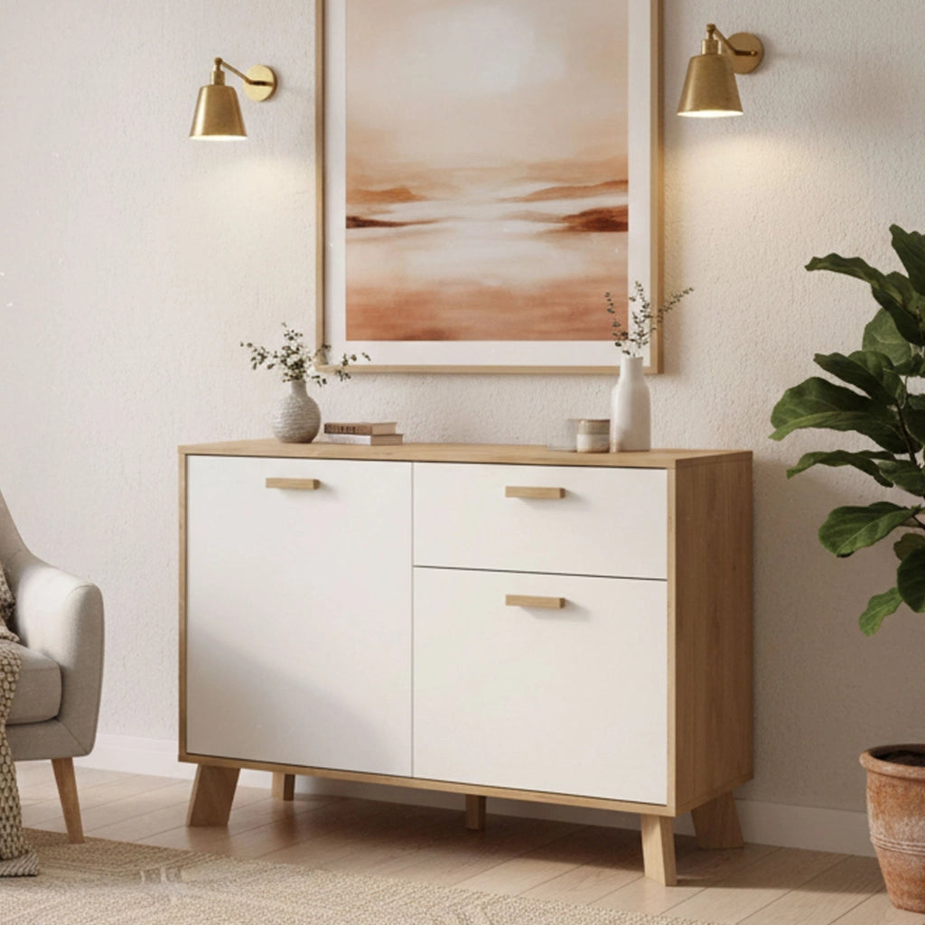 Credenza Tulo, Buffet da soggiorno, Madia da salotto, Dispensa da cucina, 99x39 h73 cm, Rovere e Bianco