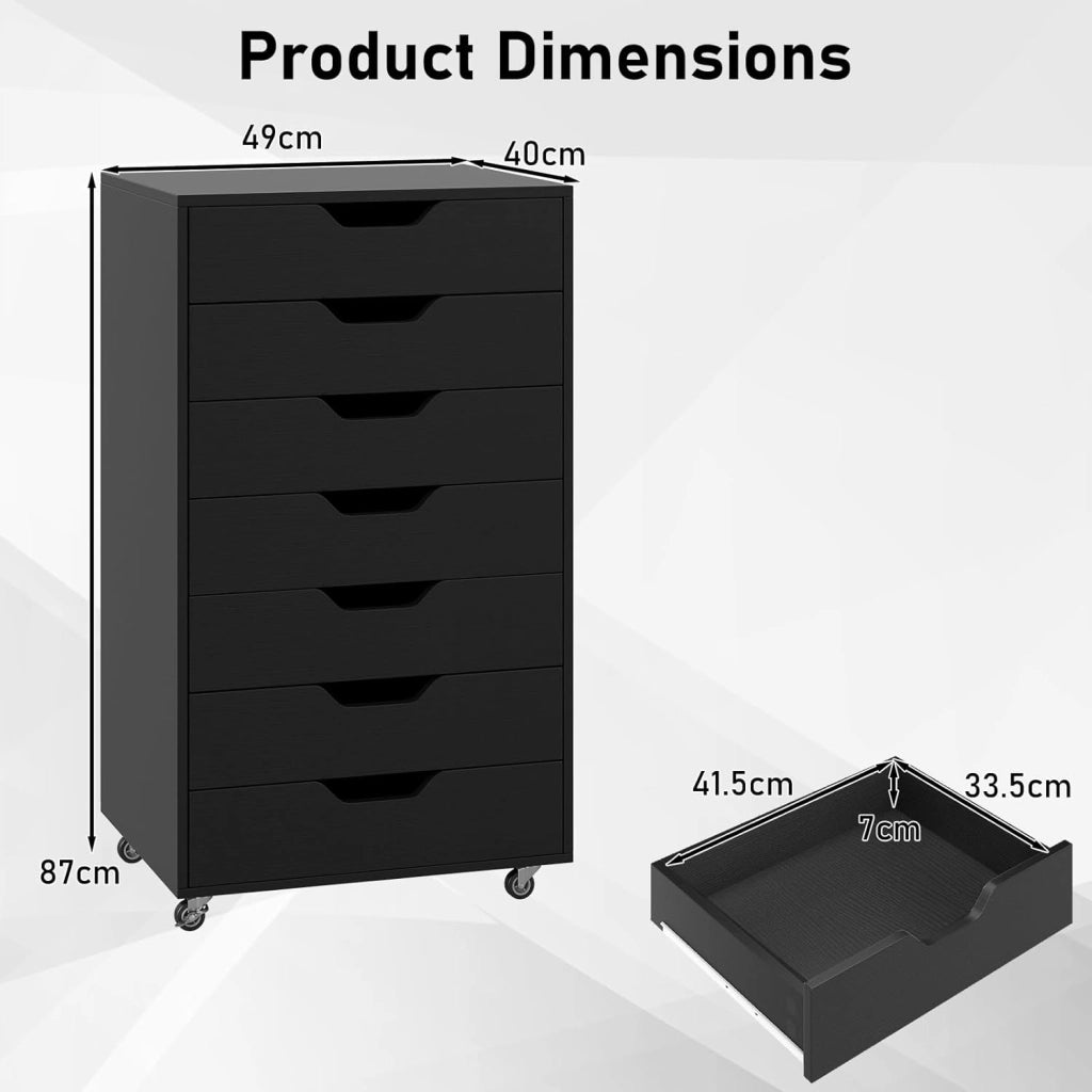 Cassettiera da Ufficio Mobile con 7 Cassetti, Mobile da Scrivania con Ruote per la Conservazione, Supporto per Stampante per Cartelle, Documenti, Carte, 49 x 40 x 87 cm (Nero)