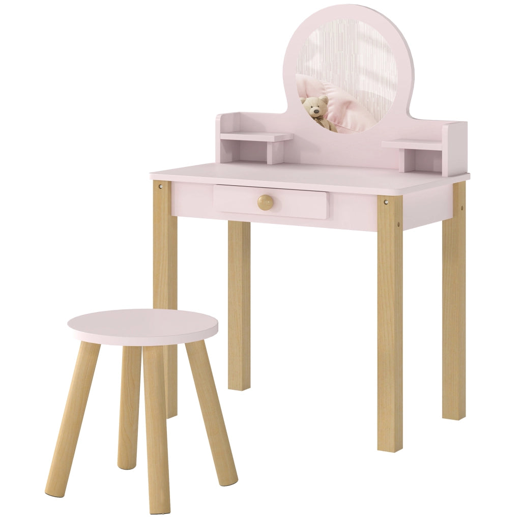 Set Toeletta Trucco Bambina con Sgabello, Specchio e Cassetto in Legno, Et¨¤ 3-6 Anni, Rosa