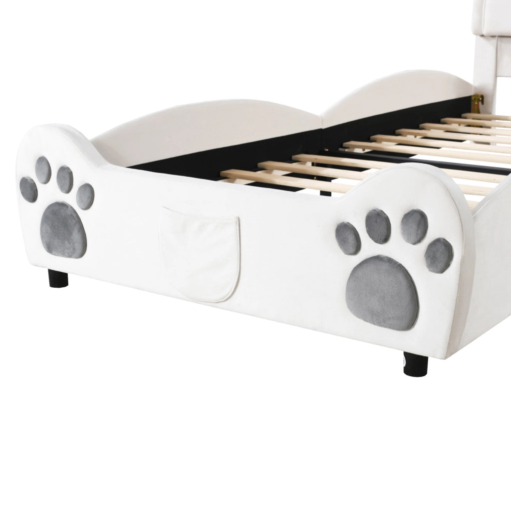 Letto singolo per bambini 90x200 cm a forma di orso in velluto bianco