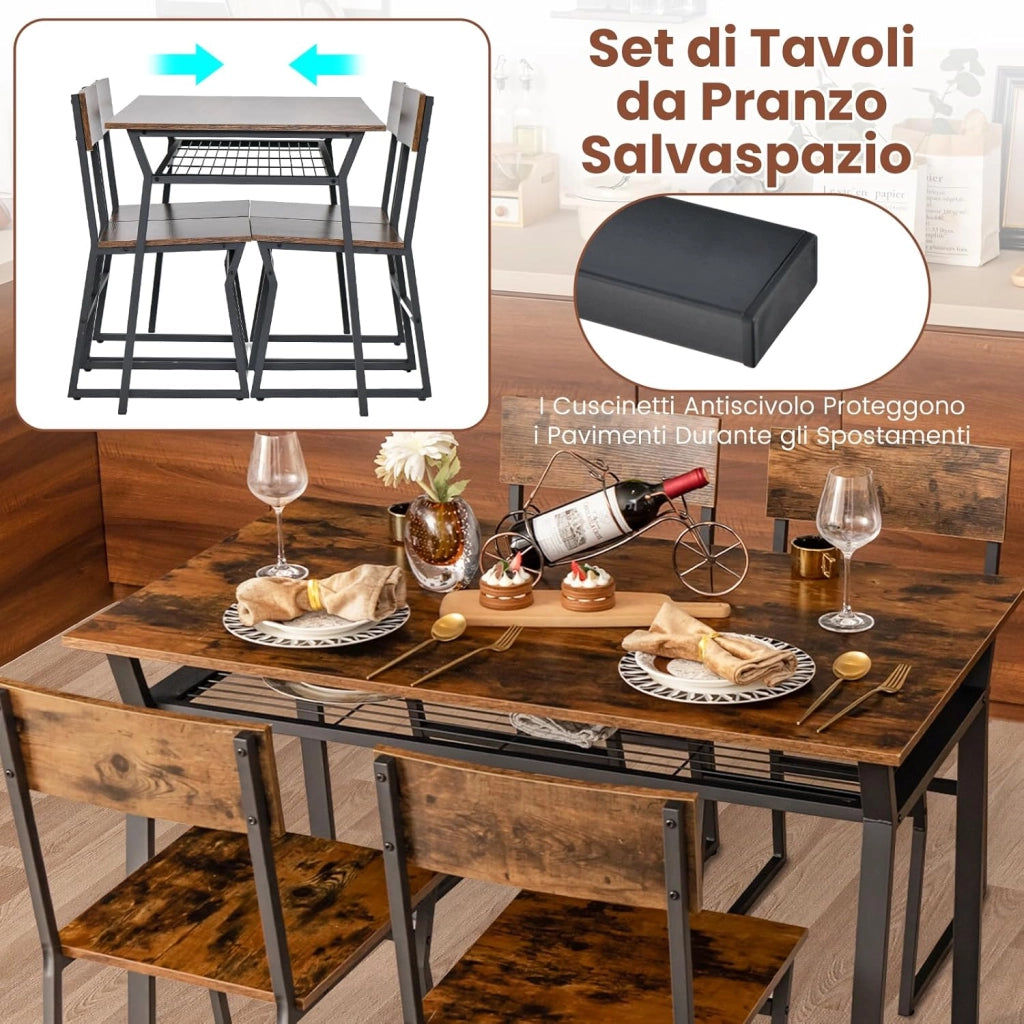 Set da Tavolo e Sedie da Pranzo, Tavolo da Pranzo con 4 Sedie Industriale, Set 5 Pezzi Mobili con Mensola Portaoggetti e Telaio in Metallo, per Cucina Sala da Pranzo, 110 x 70 cm (Marrone)
