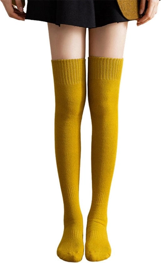 Calze per ginocchia per donne - calze di cotone morbidi - calze di lana spessa per il bagno - calzettoni caldi per inverno - calzettoni per gambe - calze lunghe per stivali - calzettoni casual - calze di cotone morbidi con rullo - Giallo + Beige - 22*55cm