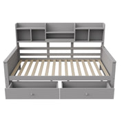 Letto singolo 90×200 cm con 2 cassetti e ripiani; senza materasso; legno; grigio