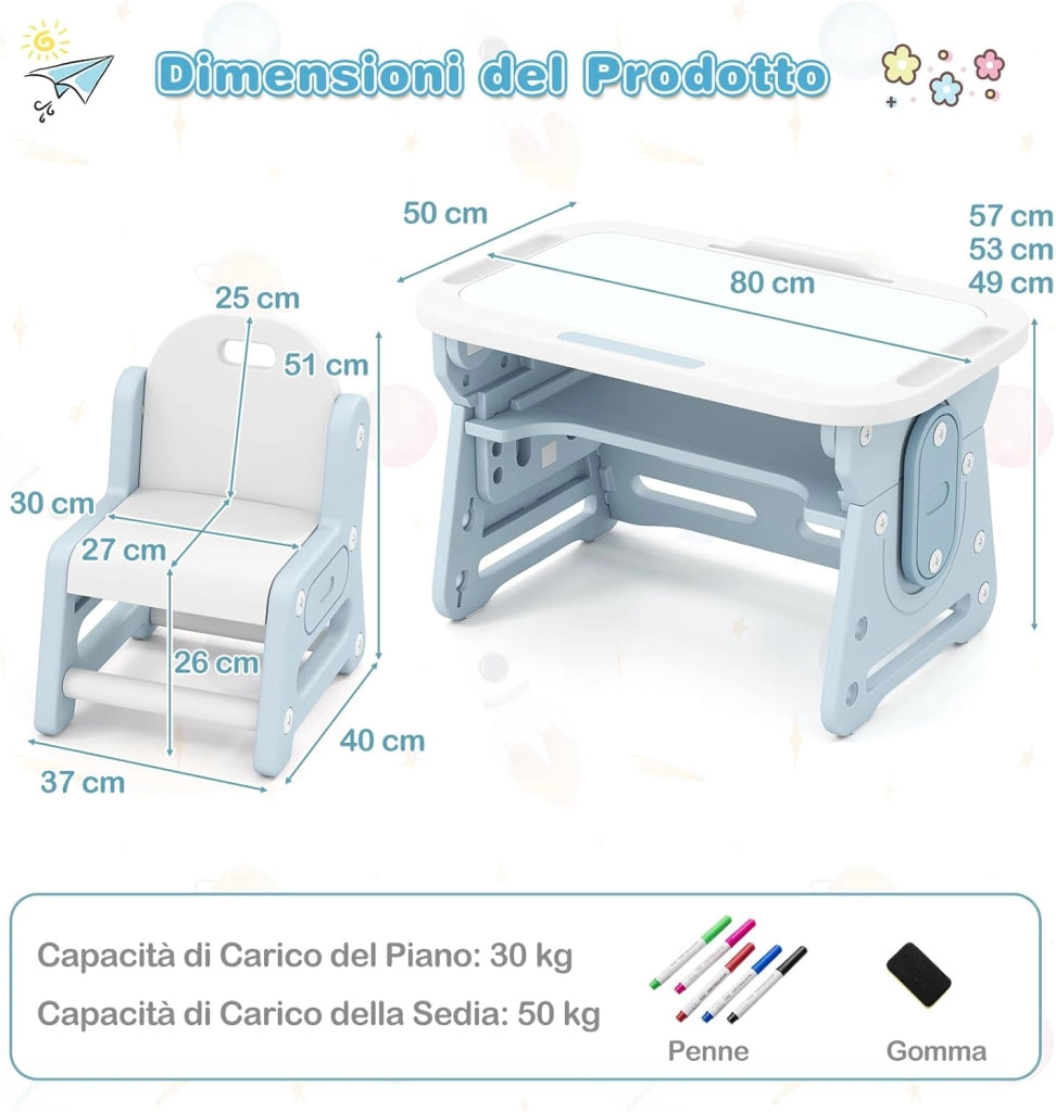 Set Tavolo e Sedia per Bambini 3+ Anni, Tavolo Regolabile in Altezza con Lavagna Inclinabile, Sedia Ergonomica, Supporto per Libri e Ripiano Concavo, per Disegnare e Leggere (Blu)