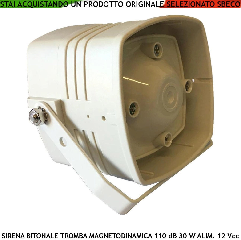 Sirena Bitonale Antifurto Diffusore Magnetodinamico Acustica 110 dB Potenza 30 W Tono A/B 1500+/-4000 Hz Alimentazione 12 Vcc Assorbimento 1 A 2 Fili Polarizzati Staffa Fissaggio Contenitore ABS IP65