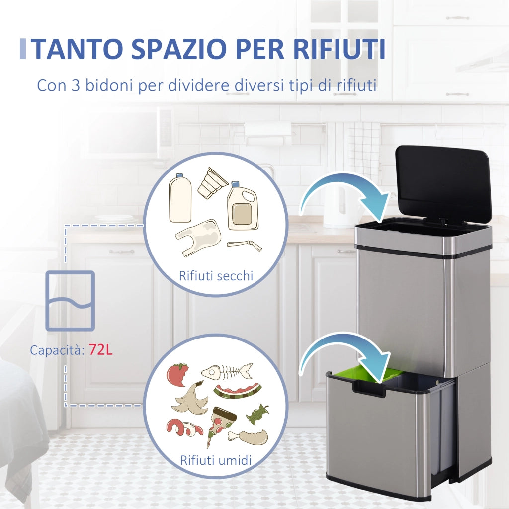 EasyComfort Pattumiera 72L a 3 Scomparti con Sensore Infrarossi e Apertura Automatica, in Acciaio e ABS, 42x30x81 cm