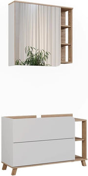 Set di mobili da bagno Karen, Sonoma/Bianco, 100 cm, composto da specchio da bagno e mobile sottolavabo
