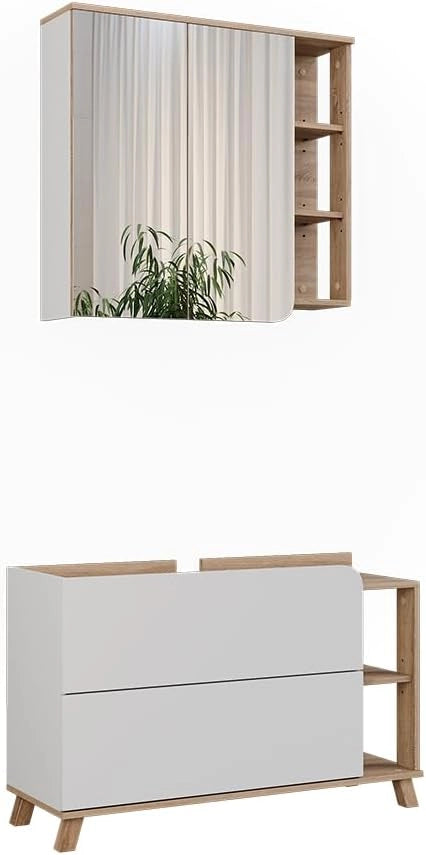 Set di mobili da bagno Karen, Sonoma/Bianco, 100 cm, composto da specchio da bagno e mobile sottolavabo