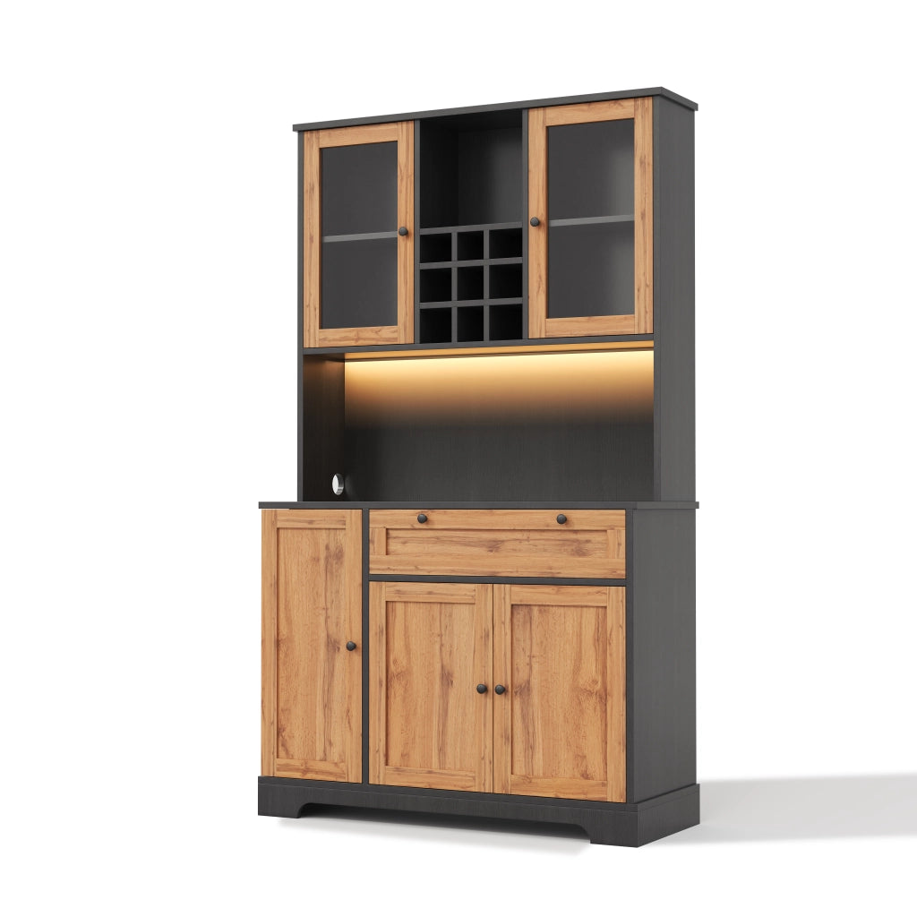 Mobile dispensa con LED; prese integrate e portabottiglie 105x40x180 cm nero e naturale