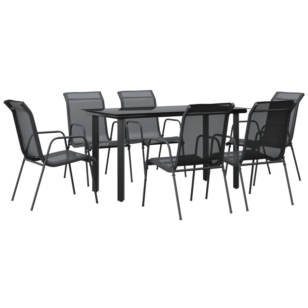 Set da Pranzo da Giardino 7 pz Nero in Acciaio e Textilene