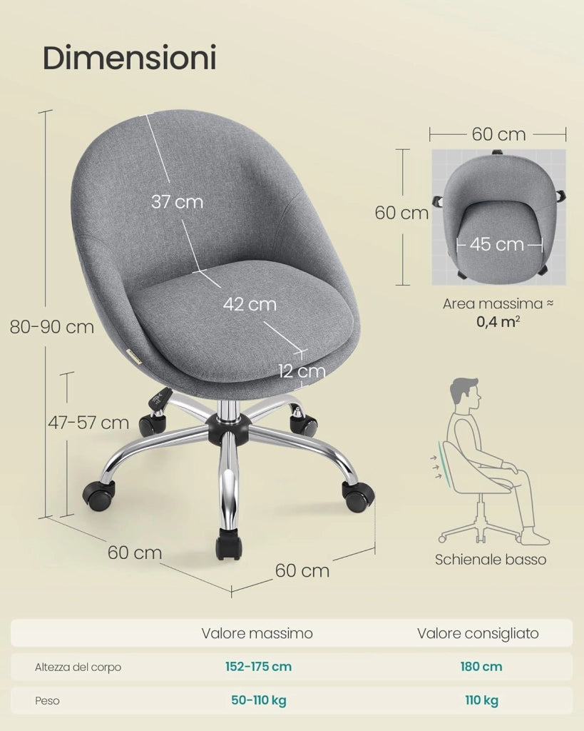 SONGMICS Sedia da Studio, Sedia Girevole di Cotone-lino, Poltrona da Scrivania Imbottita in Gommapiuma Regolabile in Altezza, Studio, Camera da Letto, Grigio Ardesia OBG020G05