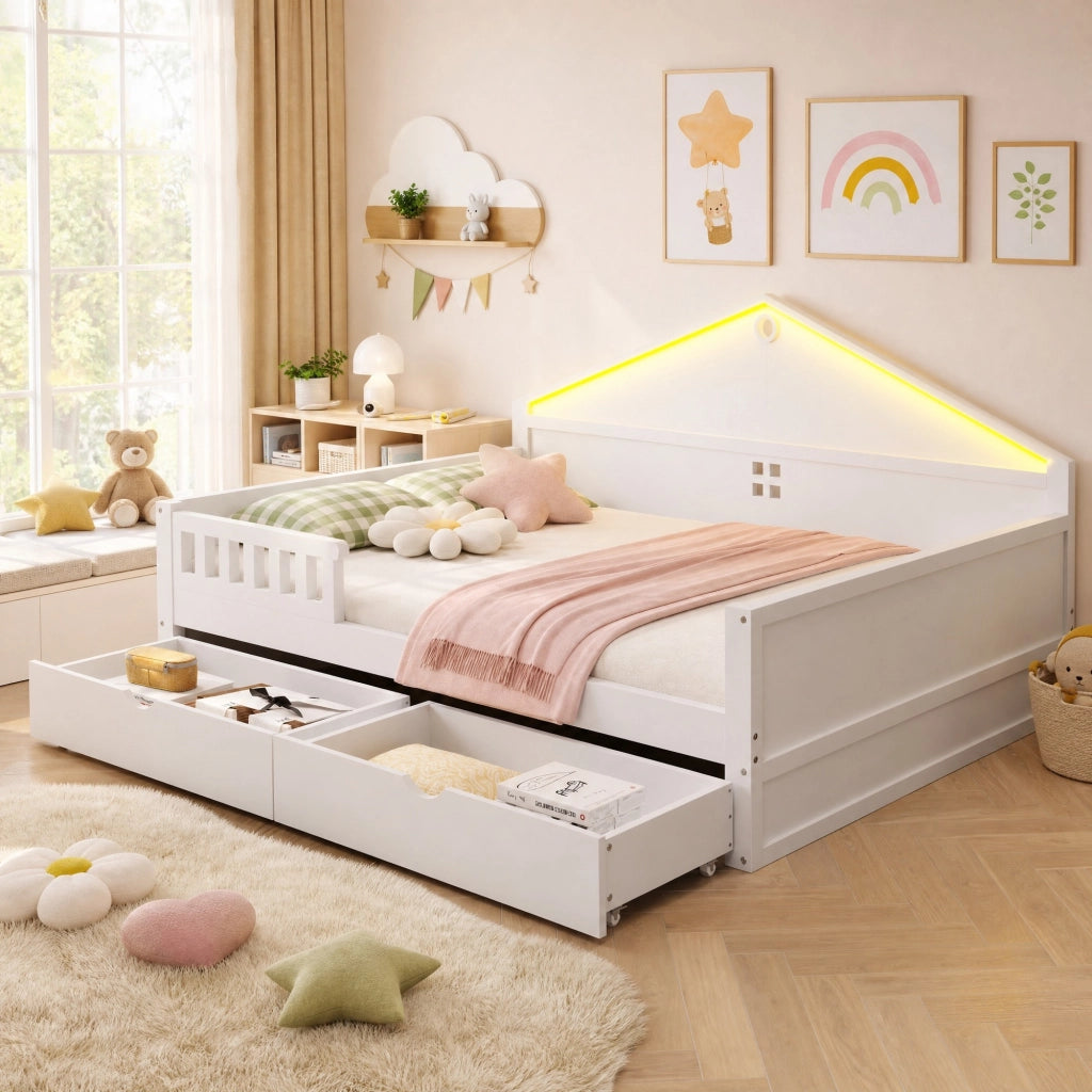 Letto multifunzione per materasso 140×200 cm con striscia LED e 2 cassetti; legno massello e MDF; bianco