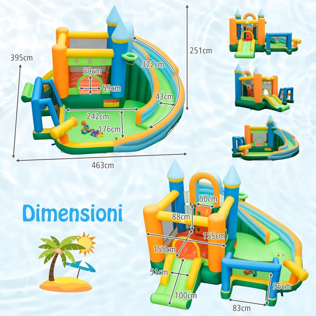 Castello Gonfiabile per Bambini, Casa Gonfiabile con Doppio Scivolo, Parete da Arrampicata, Piscina, con Borsa di Trasporto e Kit di Riparazione, per 2 Bambini di 3-10 Anni
