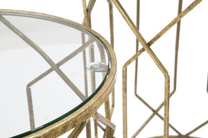 Tavolinetti Tunisi Coppia Ø42x53-38x47 cm in Ferro e Vetro Oro