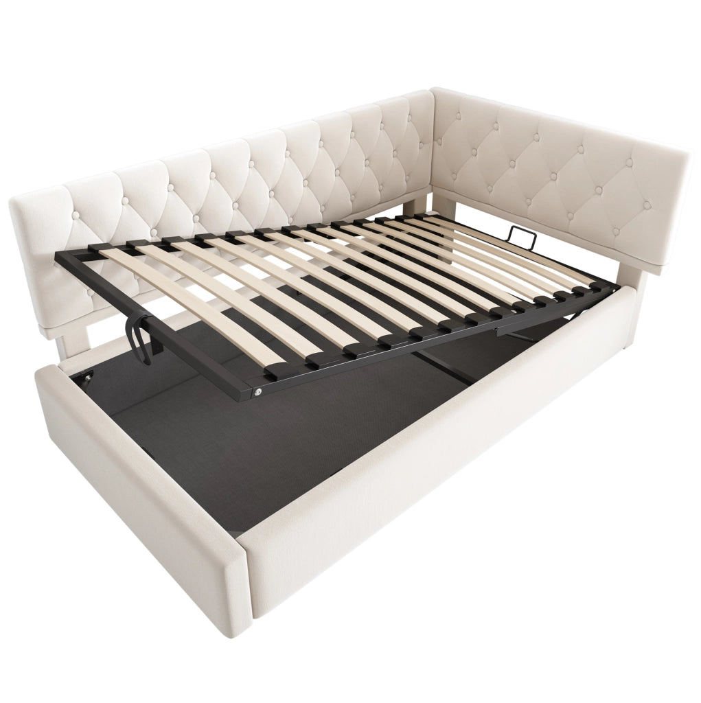 Letto imbottito con contenitore idraulico 90x200 cm in velluto beige; testiera reversibile