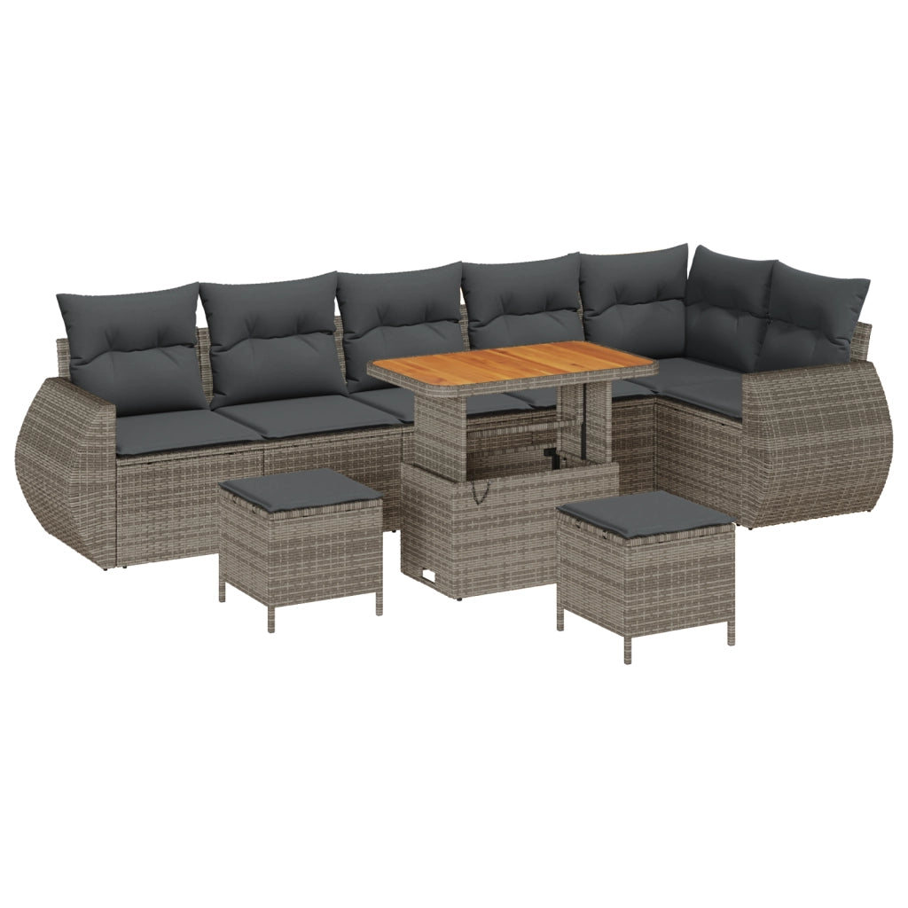 Set divano da giardino 9 pezzi con cuscini grigi in polyrattan e legno d'acacia