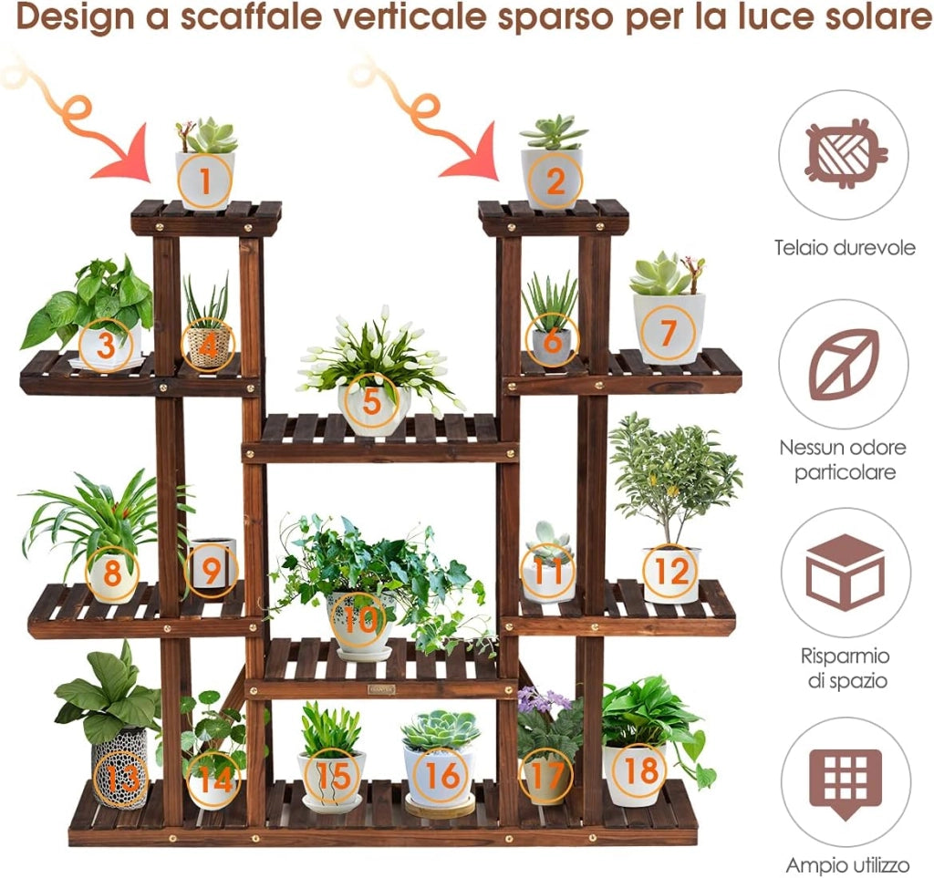Scaffale di Legno con 3/6/9 Livelli, Porta Piante Rustico di Legno, Scaffale Angolare Porta Piante, Fioriera per Giardino Balcone Cortile Salone (9 livelli)