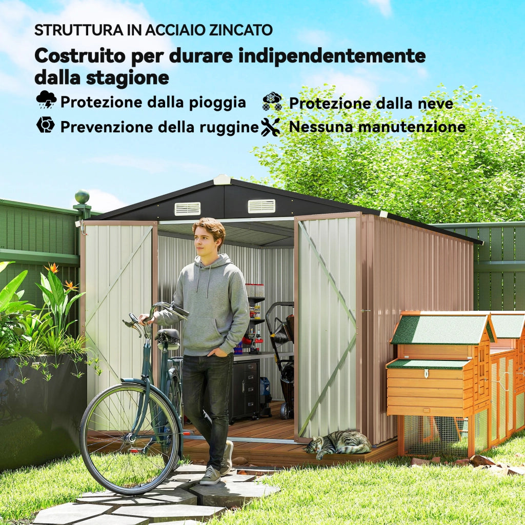Capanno da Giardino in Metallo 364 x 238 cm con 4 Prese d'Aria e Porte Doppie con Serratura, Marrone