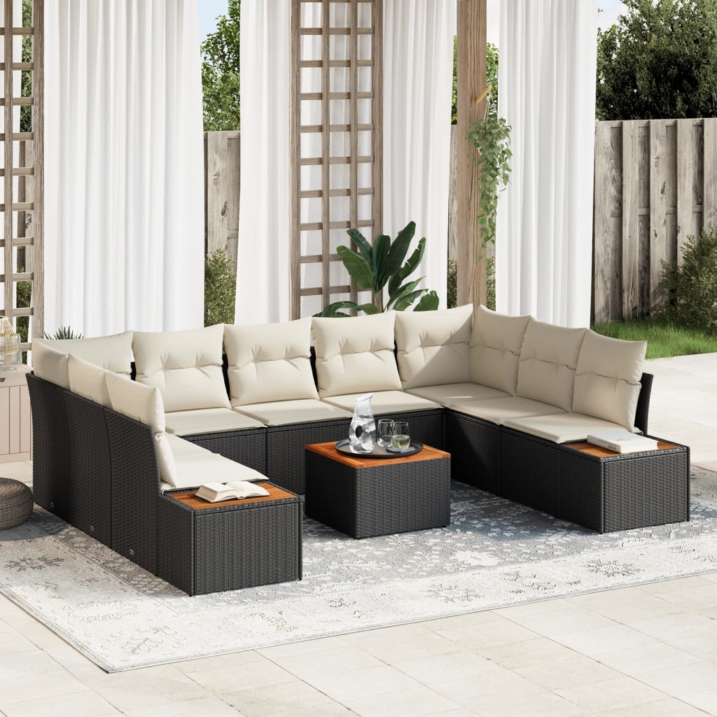 Set Divano da Giardino 10 Pezzi con Cuscini Nero Polyrattan Acacia