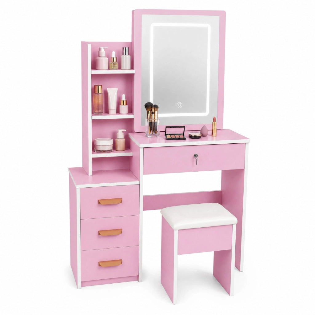 Tocador con specchio LED, 4 cassetti, 3 modalità luce, MDF, rosa