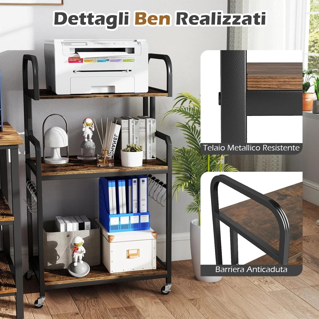 Supporto Porta Stampante con Ruote, Carrello Portaoggetti a 3 Ripiani in Legno, Scaffale Multiuso con 10 Ganci, per Cucina Ufficio, 60,5 x 40 x 110 cm (Marrone)