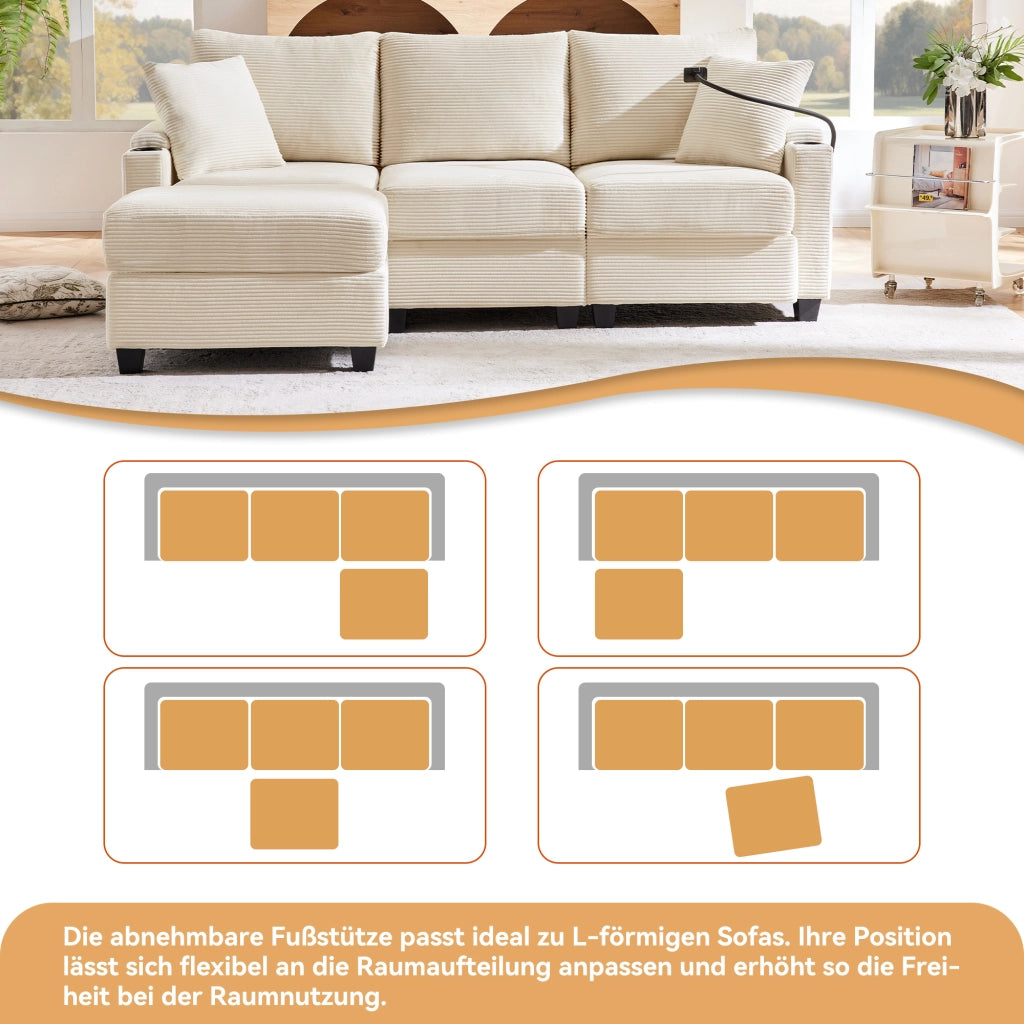 Divano angolare reversibile 3 posti con ricarica USB, ripiano bracciolo, 2 cuscini, velluto a coste Beige