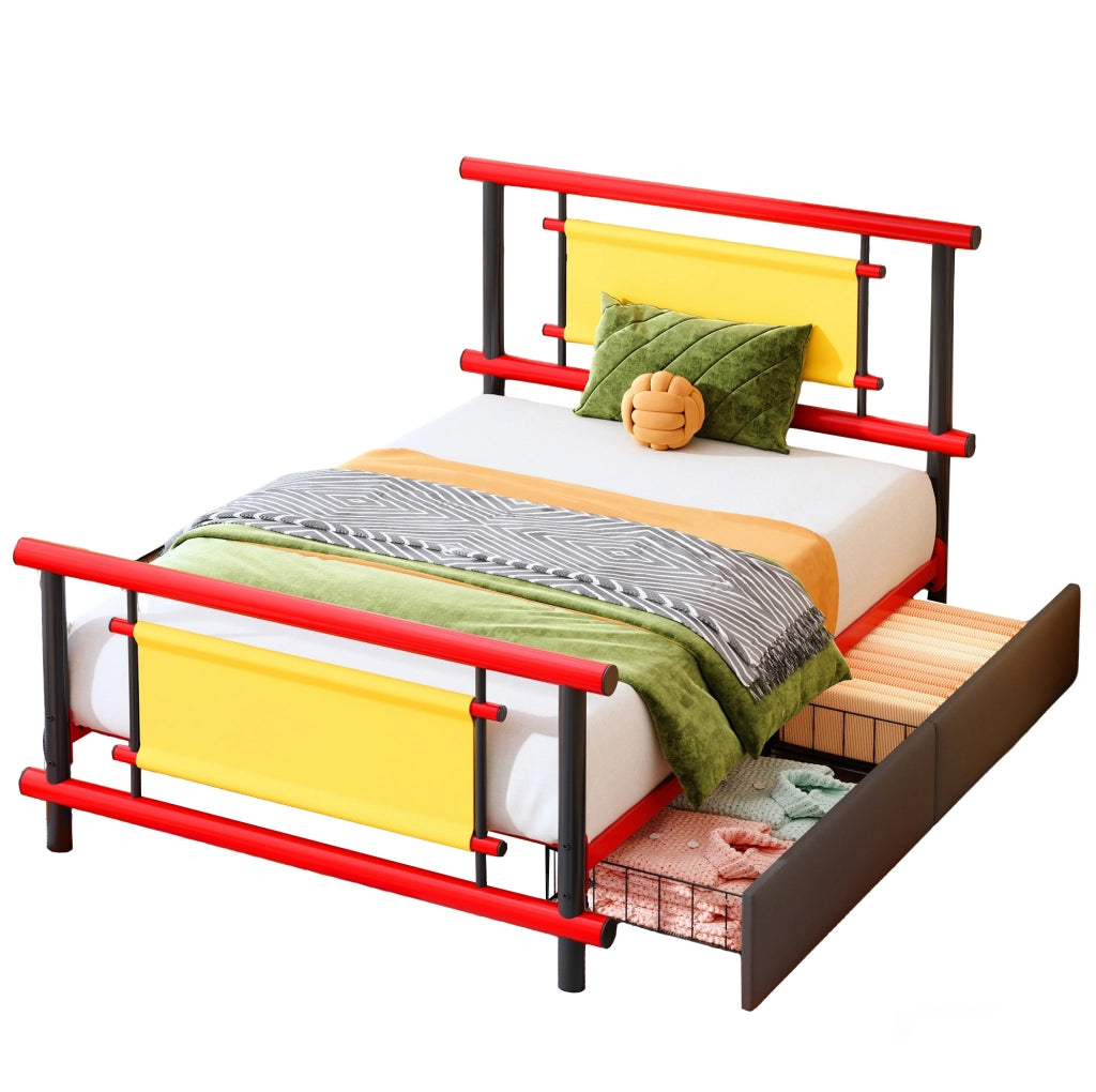 Letto singolo per bambini in metallo rosso 90x200 cm con cassetti
