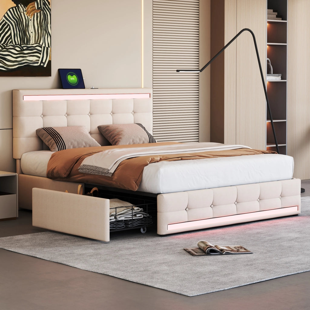 OKWISH Letto con Cassetti 140×200 cm, Letto Matrimoniale con 4 Cassetti, LED Regolabile, 2 USB e Telecomando, senza Materasso, Beige