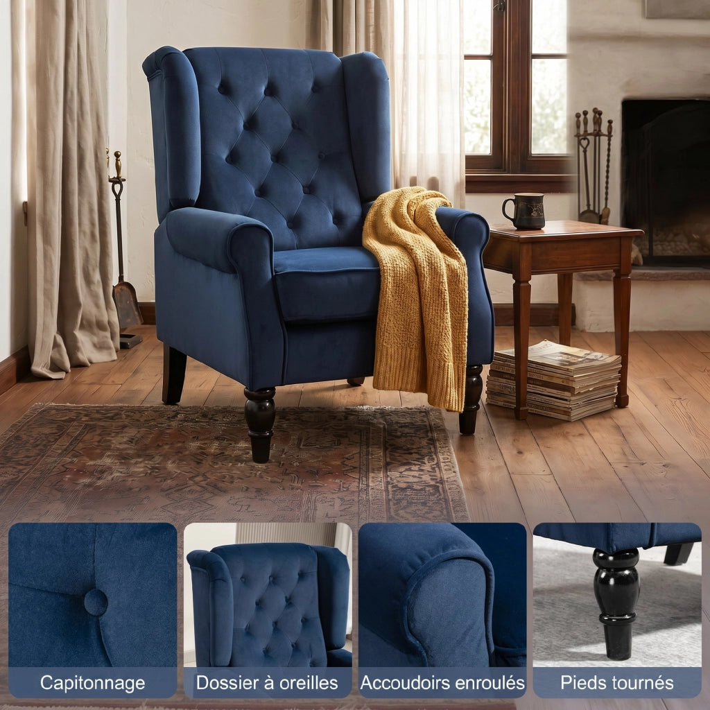 Poltrona imbottita con braccioli e gambe in legno ¨C Minimal ¨C blu scuro 74x86x102cm