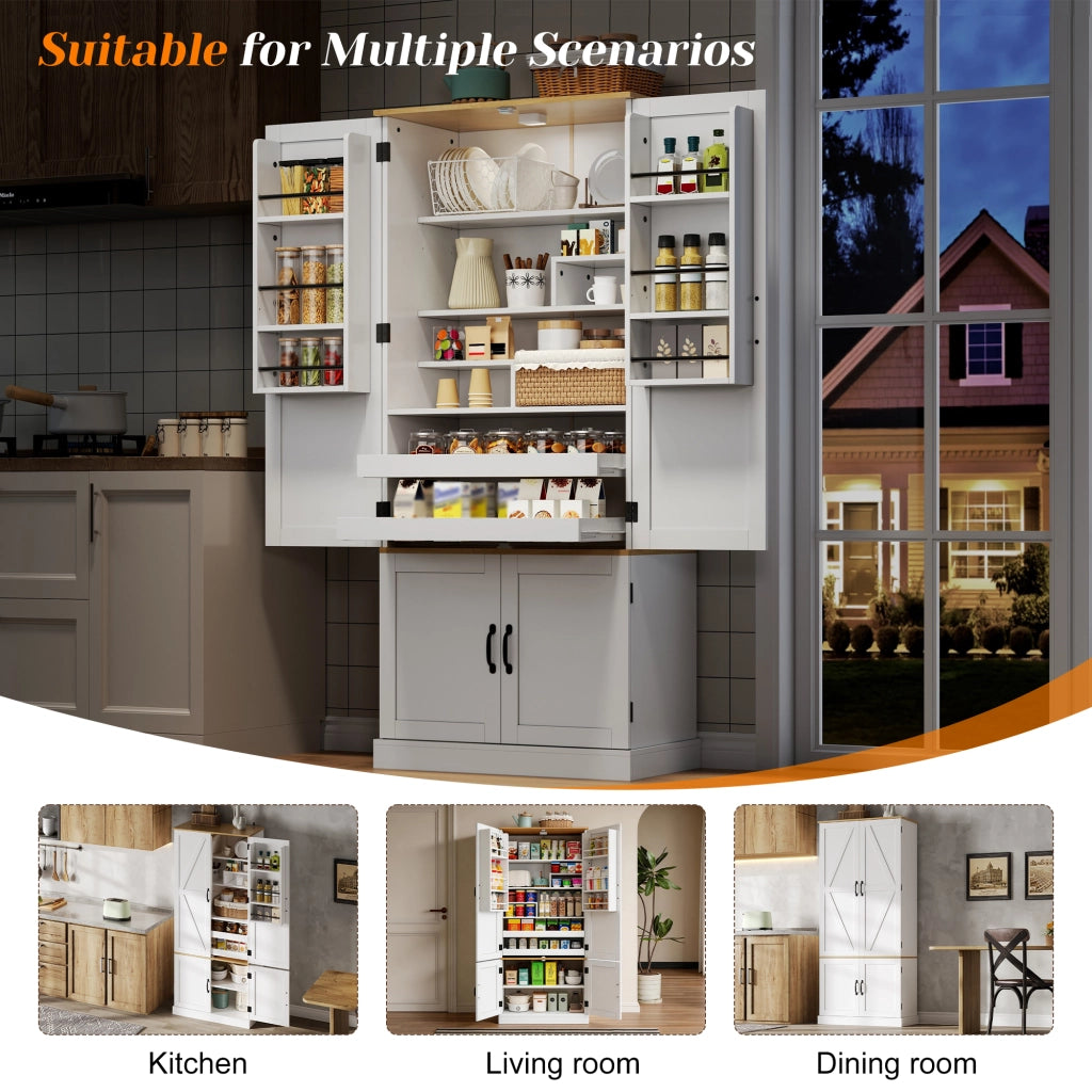 Dispensa alta con 3 ripiani sulla porta, 2 cassetti e luce con sensore per cucina in MDF bianco 80 × 40 × 180 cm