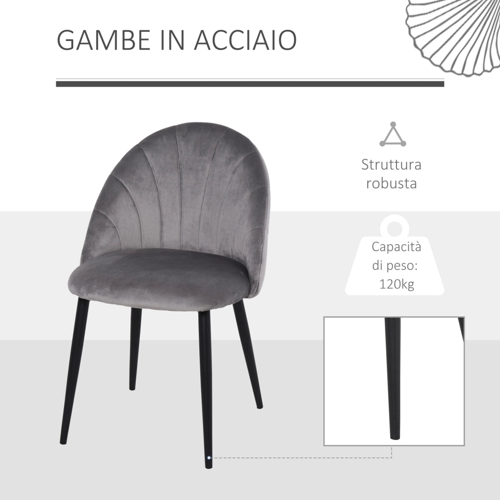 EasyComfort Set da 2 Sedie da Pranzo in Velluto Imbottite con Schienale a Conchiglia e Gambe in Metallo, Grigio