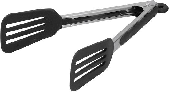 Tang per Stecco di Carne - Materiale: Acciaio Inox e Silicone - 23 cm - Chiusura per Cibo - Adatto per Barbecue e Insalate - Nero