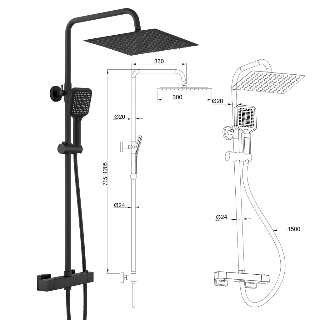 AICA Colonna doccia con miscelatore termostatico, rubinetto doccia 28x4cm, soffione doccia quadrato 30x30cm in acciaio inox nero