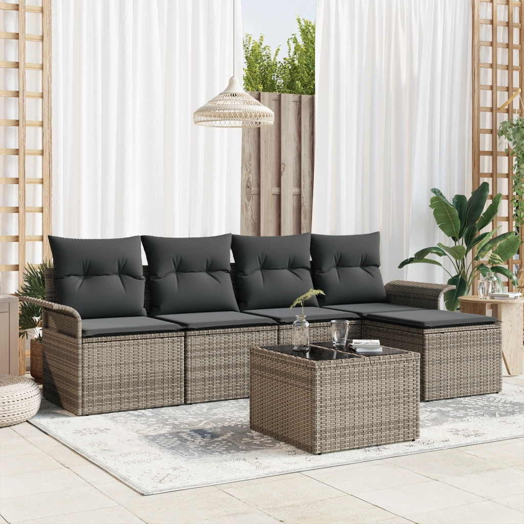 Set Divani Giardino  5 Pezzi con Cuscini Nero Polyrattan