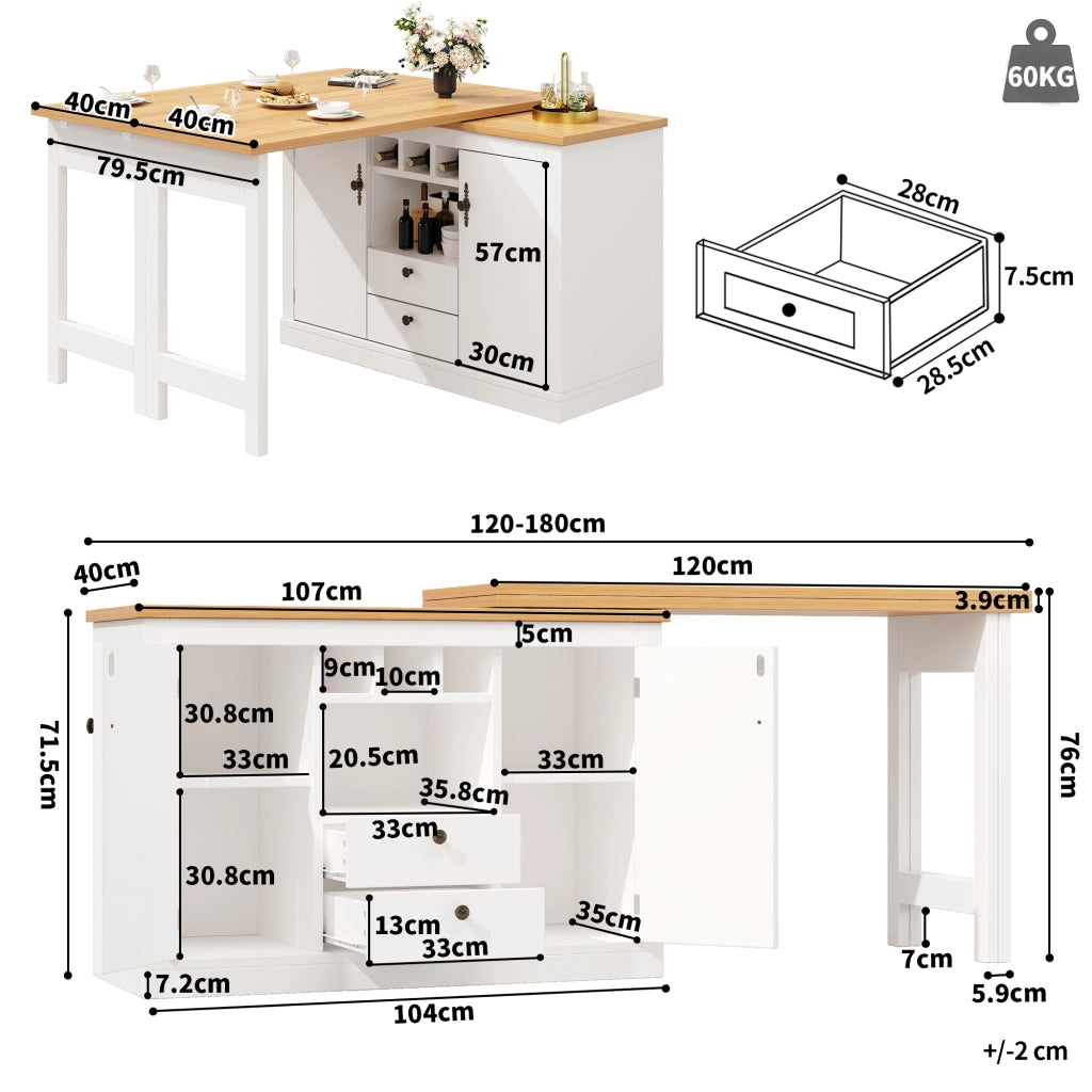 OKWISH Tavolo Consolle Allungabile con Vani Contenitori, Portabottiglie e Ripiani Regolabili, Girevole, in MDF, Naturale e Bianco