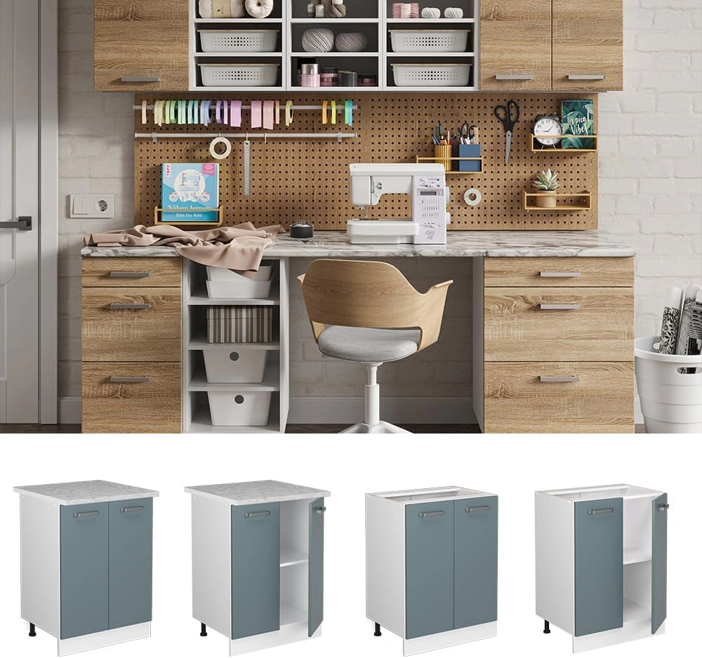 Base universale R-Line, Grigio-blu, 60 cm con ante, senza piano di lavoro, per la conservazione di utensili domestici e prodotti per la pulizia