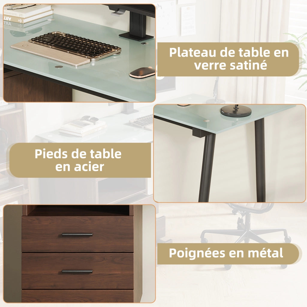 Scrivania con Cassetti e Piano in Vetro Temperato ¨C MINIMAL ¨C Marrone/Nero, 130x50x75