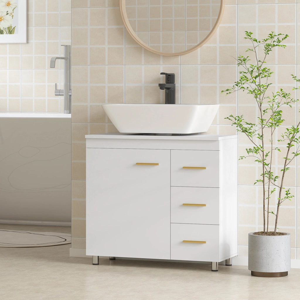 Mobile Sottolavabo con Intaglio a U, Armadietto e 3 Cassetti ¨C Zephmum ¨C Bianco 70x30x65 cm