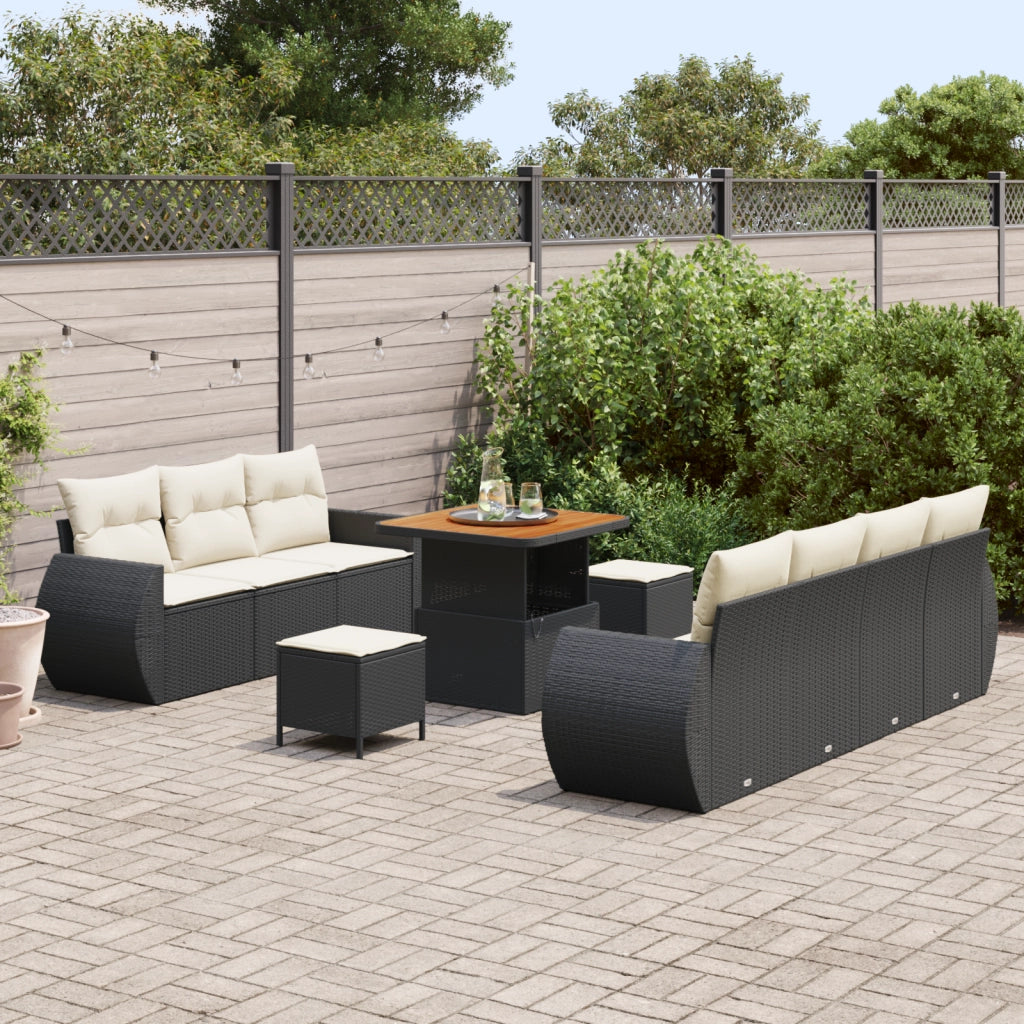 Set Divano Giardino 10 Pezzi con Cuscini Polyrattan Nero Acacia