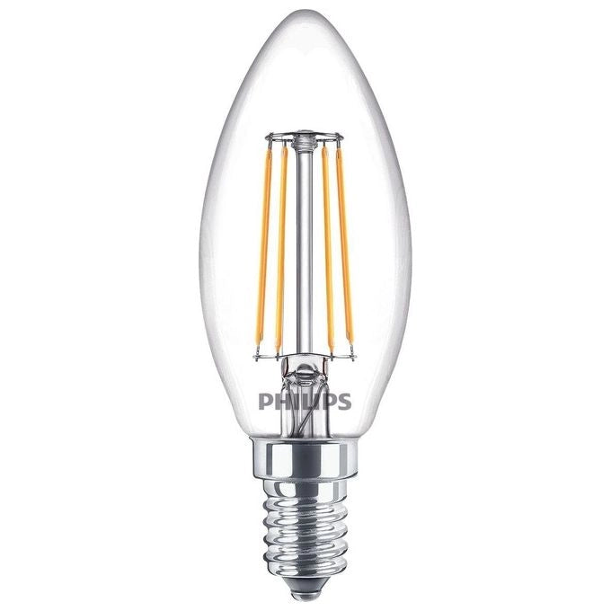 Philips Lampadina LED Candela B35 E14 Filamento 4W 470 lm 2700K Bianco Caldo Trasparente Confezione 4 Pezzi