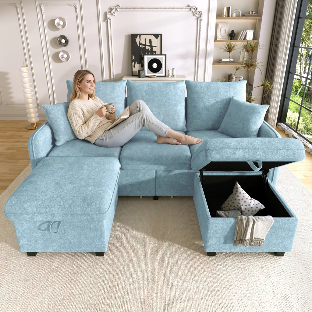 Divano angolare a U convertibile con funzione letto e contenitore, in chenille blu con pouf portaoggetti 3 pezzi