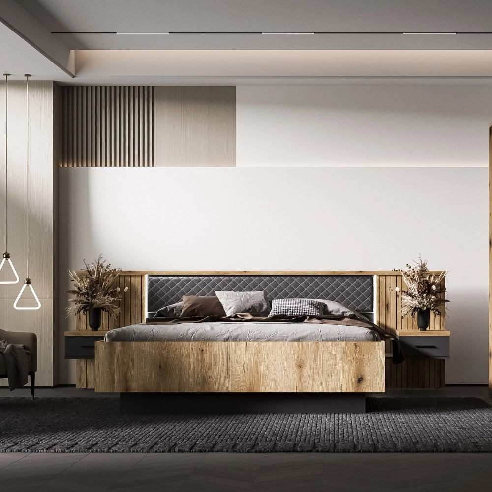 Struttura letto matrimoniale Esteban296 con boiserie dogata, LED e comodini integrati rovere e antracite per rete 180x200 cm