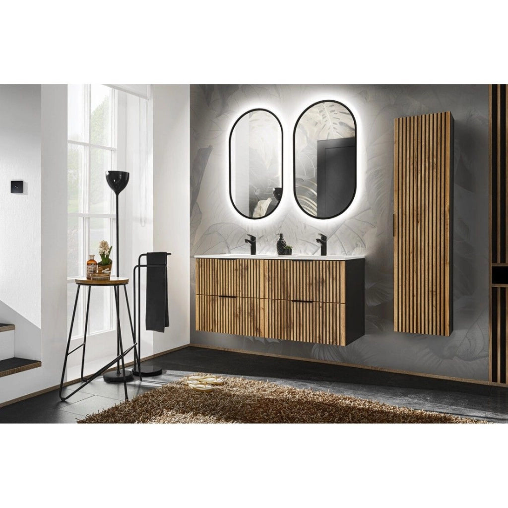 Set KINOKO: mobile sotto lavabo 120cm + doppio lavabo incassato bianco + 2 specchi LED ovali + colonna