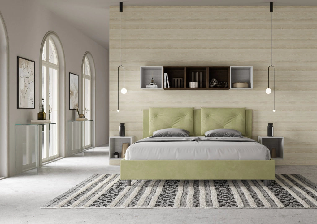 BS COM Letto matrimoniale king size contenitore imbottito 190x210 microfibra tè verde