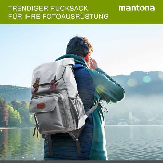 Mantona Luis Retro Zaino fotografico grigio, per fotocamera con copertura antipioggia, borsa fotografica con scomparto per laptop, DSLR, 3 obiettivi e accessori fotografici
