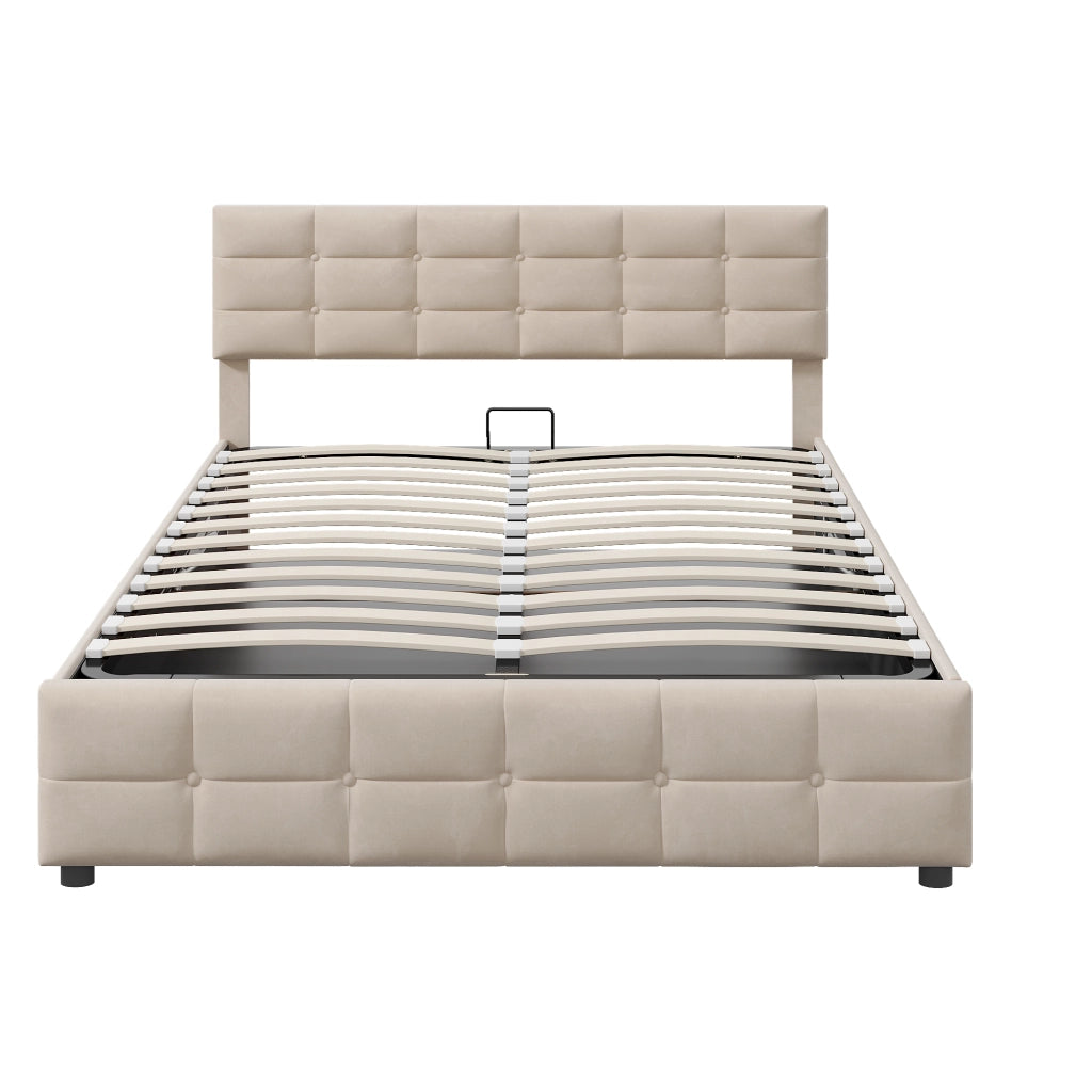 Letto imbottito 180 × 200 cm 2 posti con contenitore idraulico, senza materasso, in velluto beige