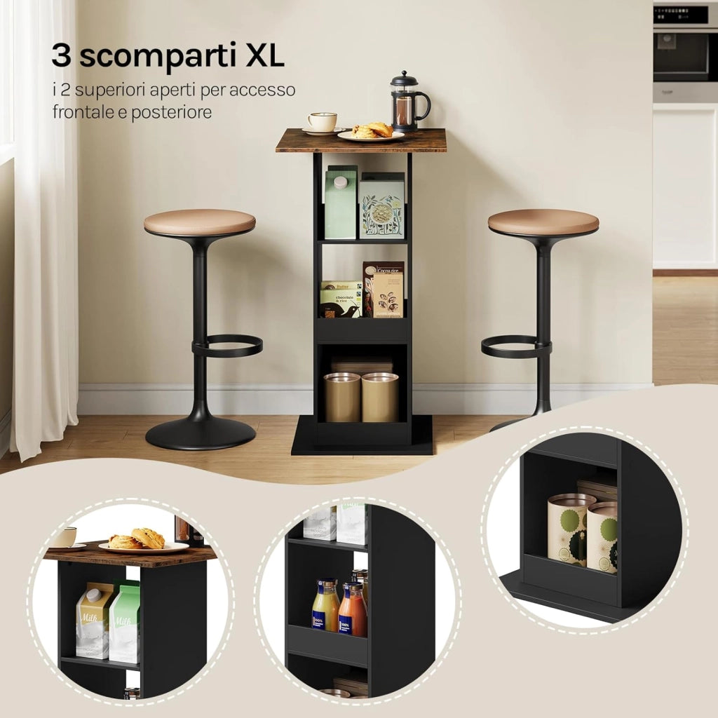 Tavolo da Bar Quadrato, Tavolino Alto e Stretto con 3 Ripiani, Tavolo Alto da Cucina, Sala da Pranzo, Bistrot, in Truciolare, 60x60x109 cm, Marrone Rustico+Nero