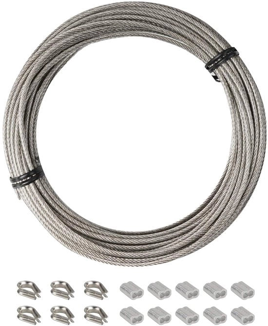 Cavo in Acciaio Inox 10m - Kit di Cavi - Kit di Supporto - Resistente/Duraturo - Rivestimento in PVC - Adatto per Interno/Esterno - Cavo di Acciaio